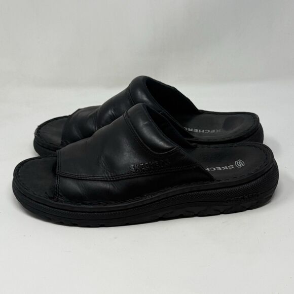 Skechers Jammers Slide Sandals Mens 11 Black Leather Chunky Sole Vintage Y2K - Picture 2 of 14
